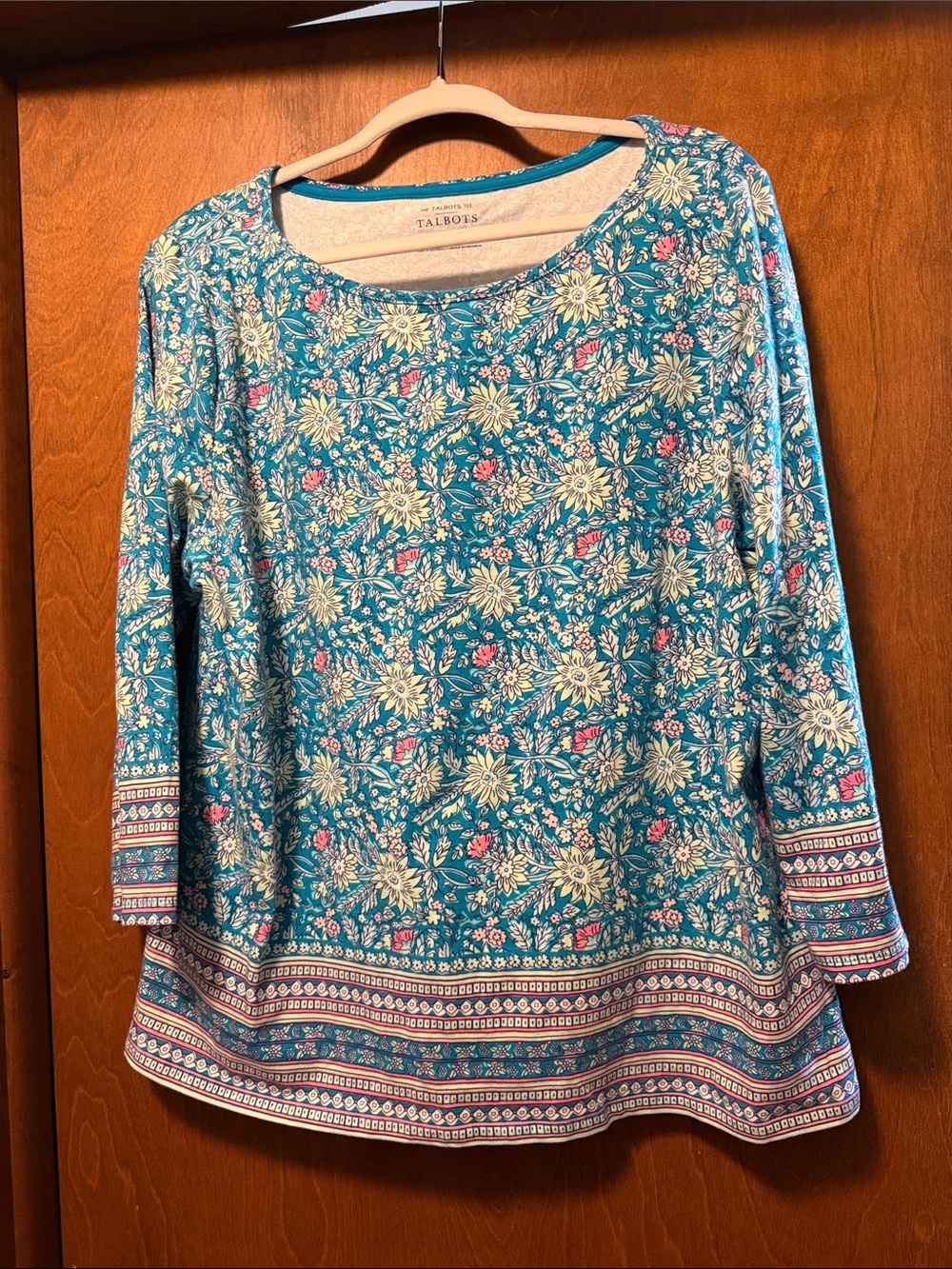 Talbots Teal Floral Border-Print Tunic Top